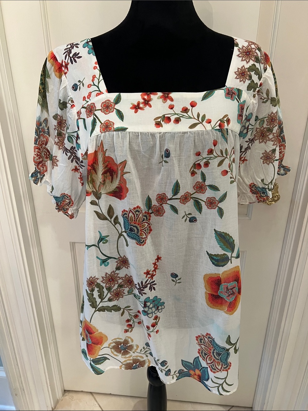 Cream  Floral Square-Neck Peasant Top